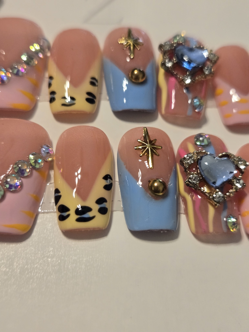 Hand Crafted Pastel Pink, Yellow & Blue Gemmed Press-On Nail Set